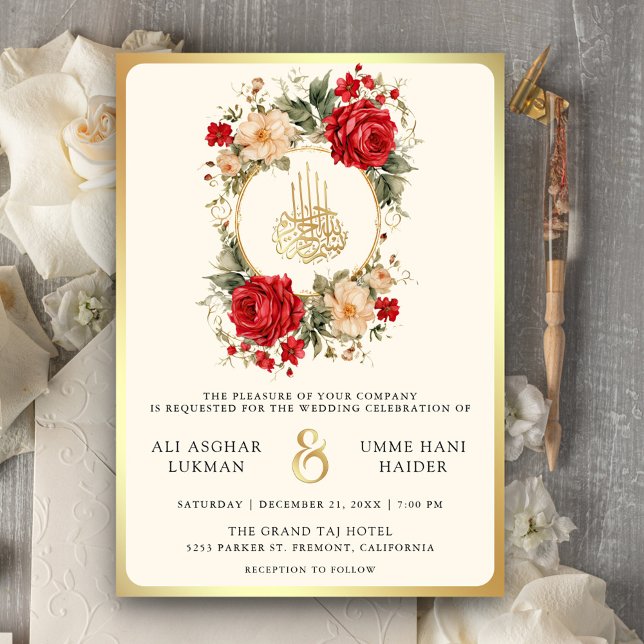 Convites Rosas Vermelhas Flores Marfim Creme Dourado Casame (Criador carregado)