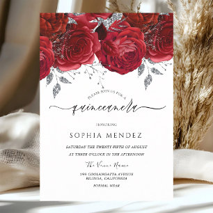 Convites Rosas Vermelhas Folha de Prata Quinceanera