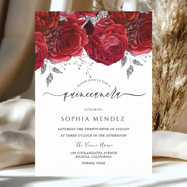 Convites Rosas Vermelhas Folha de Prata Quinceanera (Criador carregado)