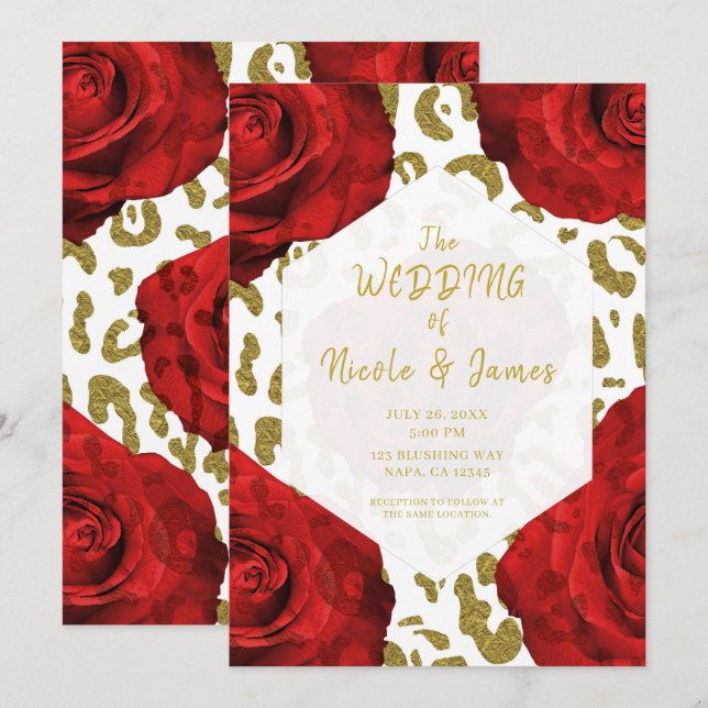 Convites Rosas Vermelhas Leopardo Chique Casamento Ouro Bra (Frente/Verso)