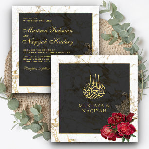 Convites Rosas Vermelhas Mármore Ouro Preto Casamento Islâm