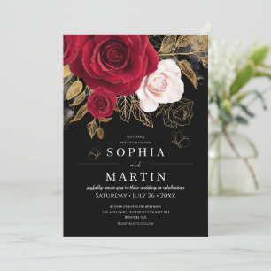 Convites Rosas Vermelhas & Ouro Elegante Floral Escuro Casa