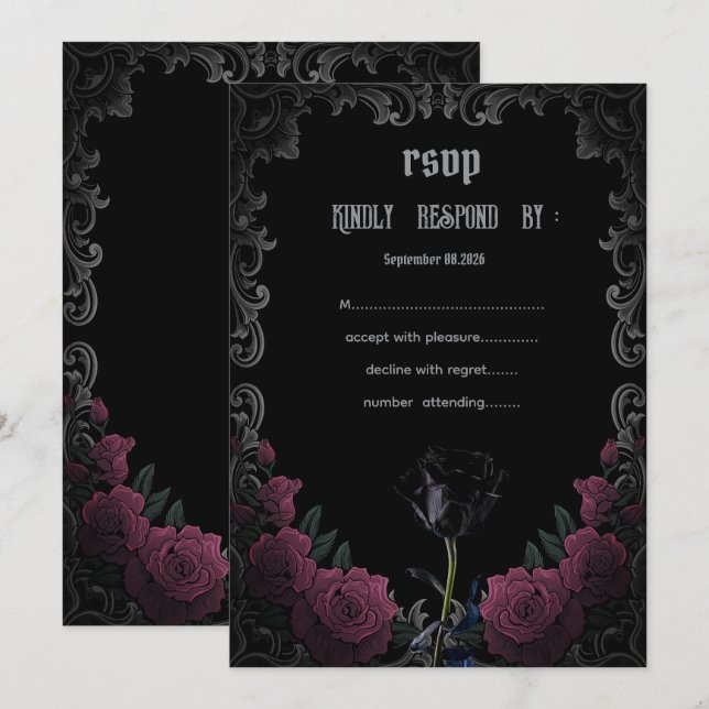 Convites Rosas Vermelhas Pretas Góticas RSVP (Frente/Verso)
