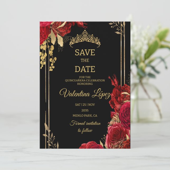 Convites Rosas Vermelhas Pretas Quinceañera Salve a Data (Em pé/Frente)