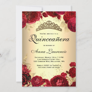 Convites Rosas Vermelhas Quinceanera Dourada