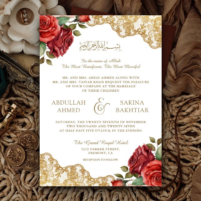 Convites Rosas Vermelhas Renda Dourada Código QR Casamento  (Criador carregado)