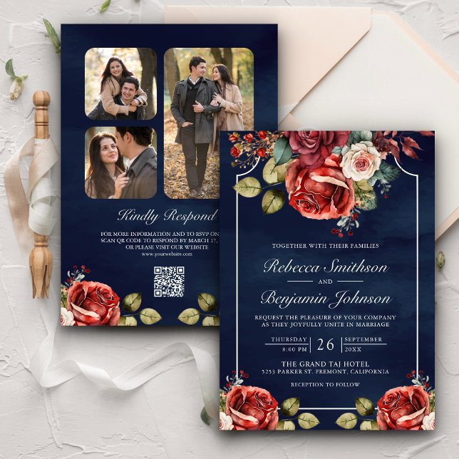 Convites Rosas Vermelhas Românticas Código QR Floral Casame (Criador carregado)