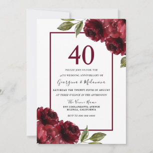 Convites Rosas Vermelhas Rubi Românticas 40º Aniversário de