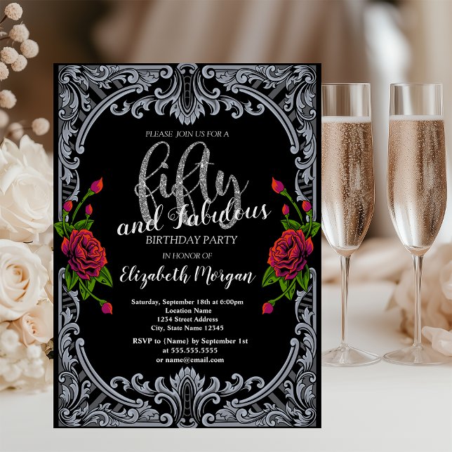 Convites Rosas vermelhas,Stripes Gótico 50º Aniversário (Criador carregado)