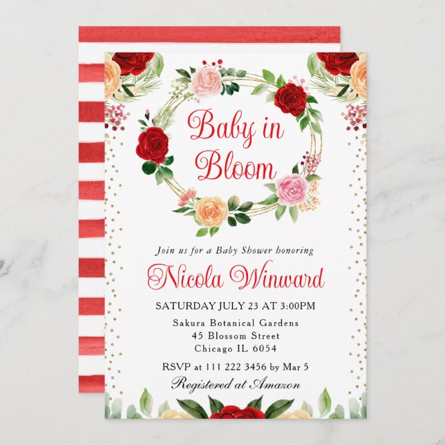 Convites Rosas vermelhos e laranja Flores Chá de fraldas de (Frente/Verso)