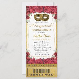 Convites Rosas vermelhos Quinceañera Mascarada VIP Ticket