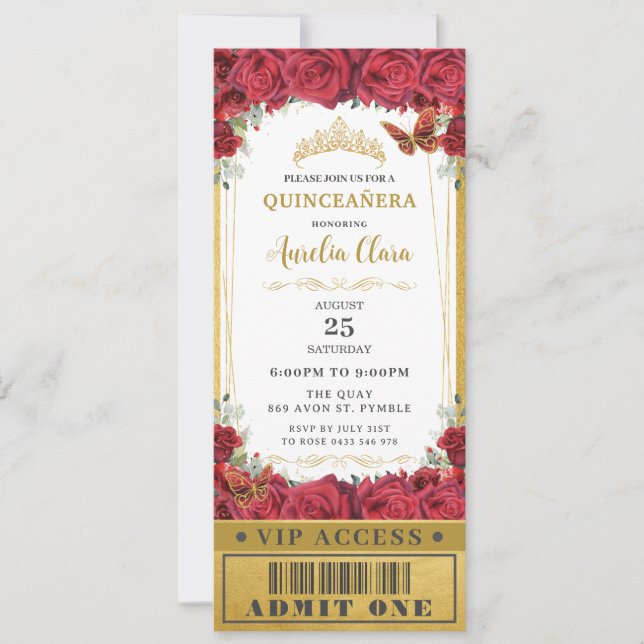 Convites Rosas vermelhos Quinceañera Sweet 16 VIP Ticket (Frente)