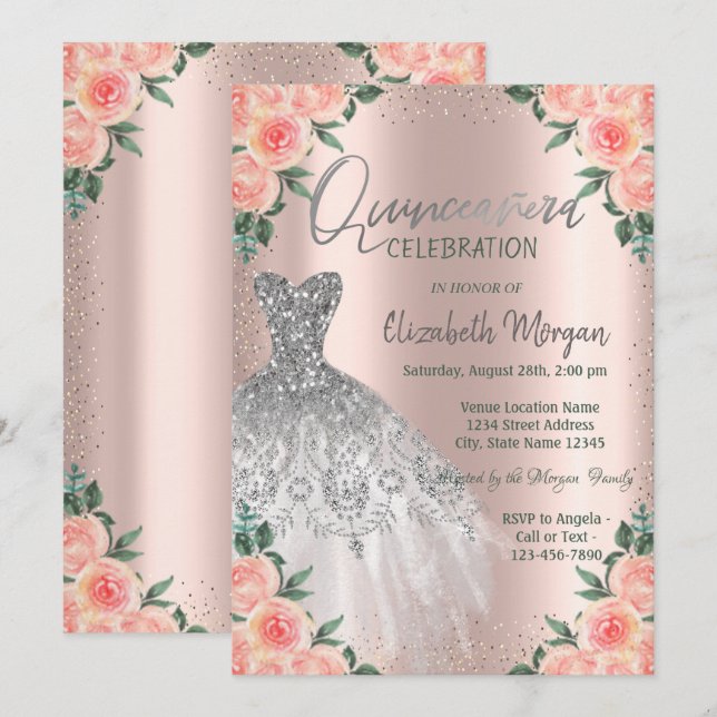 Convites Rosas,Vestido,Flores,Rosa Dourada Quinceañera (Frente/Verso)