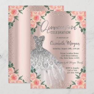 Convites Rosas,Vestido,Flores,Rosa Dourada Quinceañera