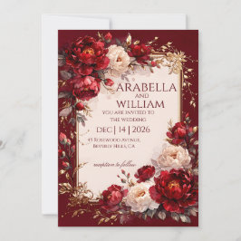 Convites Rosas vinho quadro dourado Casamento elegante I