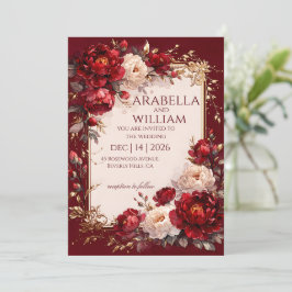 Convites Rosas vinho quadro dourado Casamento elegante I