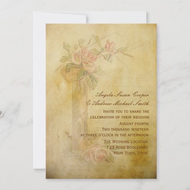 Convites Rosas Vintage Casamento com Pergaminho (Frente)