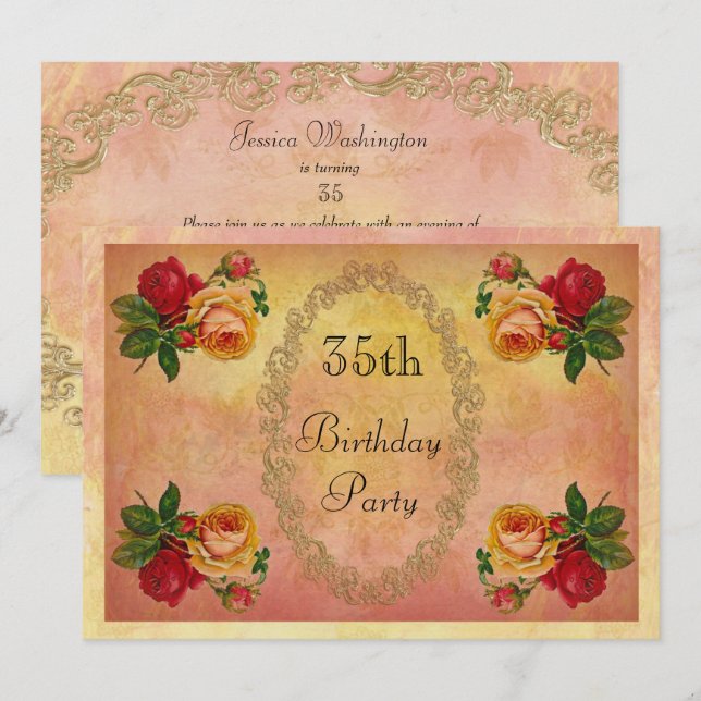 Convites Rosas Vintage Chic 35º Aniversário (Frente/Verso)