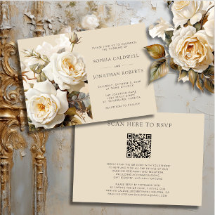 Convites Rosas Vintage Código QR RSVP Casamento Floral