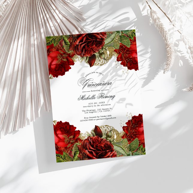 Convites Rosas Vintage Vermelhas e Douradas Foto de Quincea (Red and Gold Vintage Roses Quinceañera Photo Invitation)
