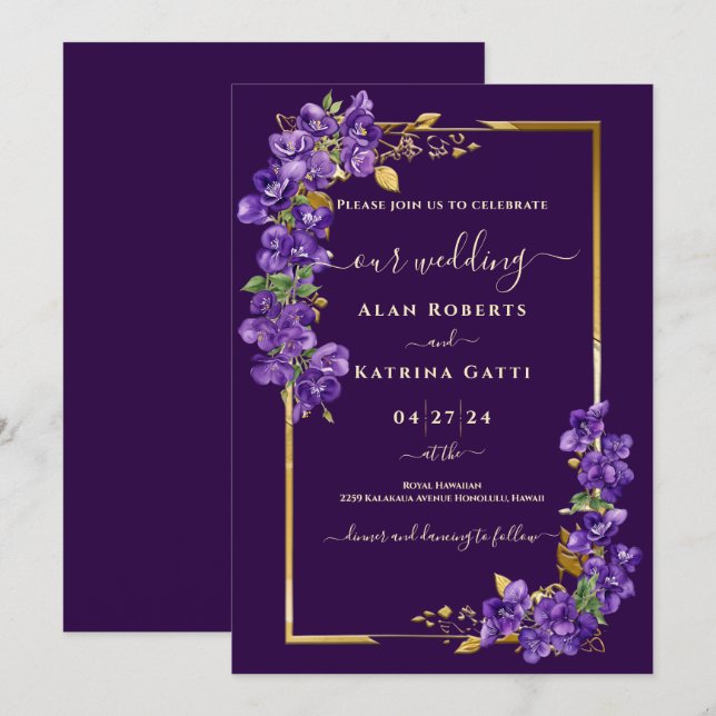 Convites Rosas Violetas Elegantes Casamento Roxo Escuro (Frente/Verso)