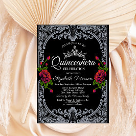Convites Rosasp vermelhas gótico listras pretas Quinceañera