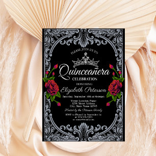 Convites Rosasp vermelhas gótico listras pretas Quinceañera