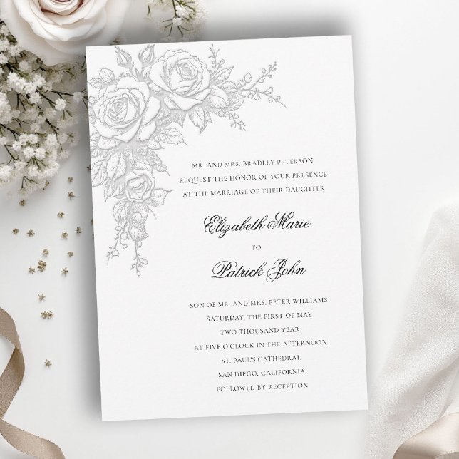 Convites Rose Black White Timeless Formal Classic Wedding (black and white wedding invitation roses theme floral formal traditional modern classic luxury)