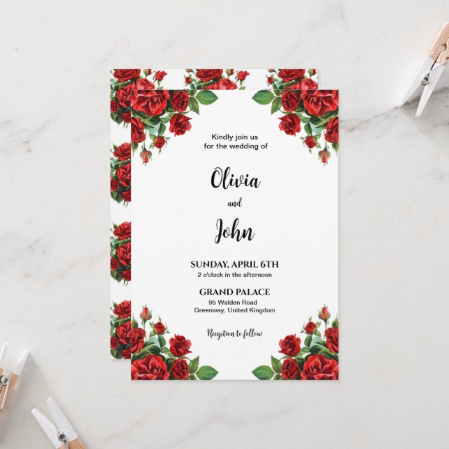 Convites Rose Flower Wedding Invitation Template, Printable (Frente/Verso In Situ)