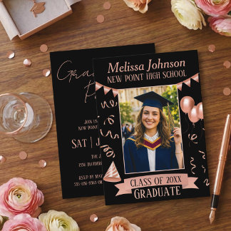 Convites Rose Gold & Black Grad Party Photo Invitation