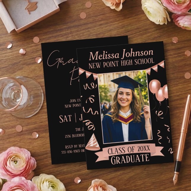 Convites Rose Gold & Black Grad Party Photo Invitation (Criador carregado)
