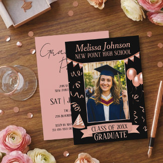 Convites Rose Gold & Black Grad Party Photo Invitation