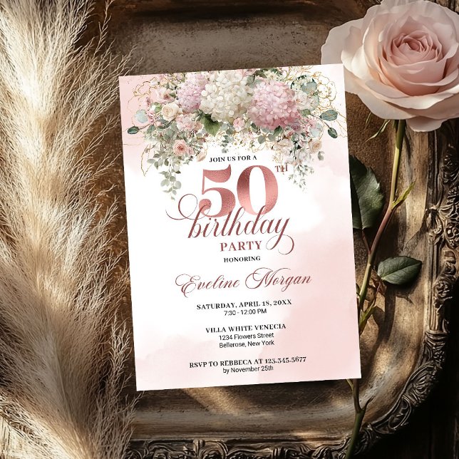 Convites Rose Gold Blush Garden Floral 50th Birthday Invite (Rose Gold Blush Garden Floral 50th Birthday Invitation)