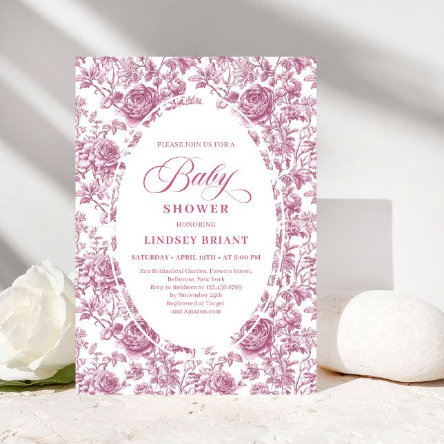 Convites Rose Gold Blush Toile Roses Floral Baby Shower  (Rose Gold Blush Toile Roses Floral Baby Shower Invite)