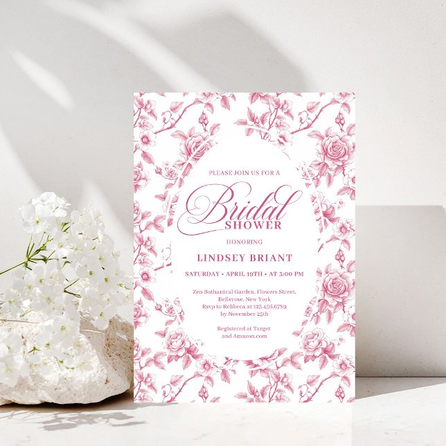 Convites Rose Gold Blush Toile Roses Floral Bridal Shower   (Rose Gold Blush Toile Roses Floral Bridal Shower Invite)