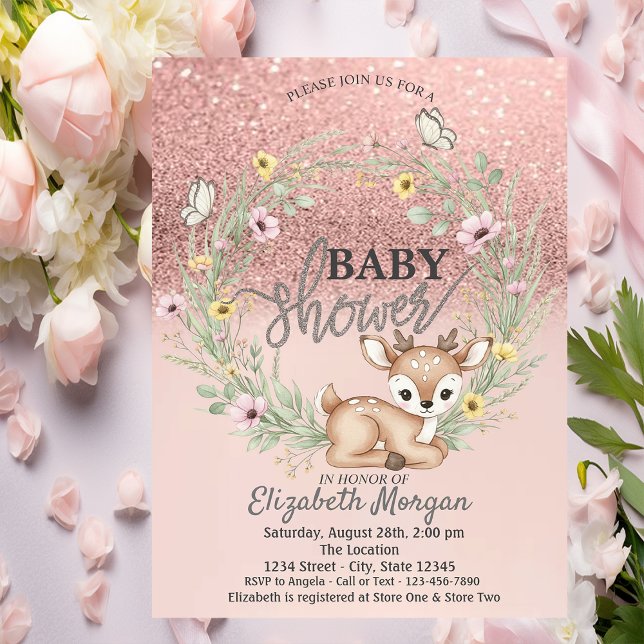 Convites Rose Gold Bokeh,Baby Deer Flowers Baby Shower (Criador carregado)