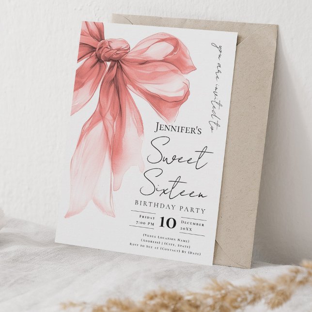 Convites Rose Gold Bow Coquette Script Sweet 16 Party  (Rose Gold Bow Coquette Script Sweet 16 Party Invitation)