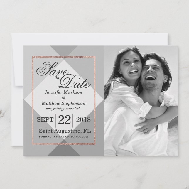 Convites Rose Gold Cinza Geo Save the Dates (Frente)
