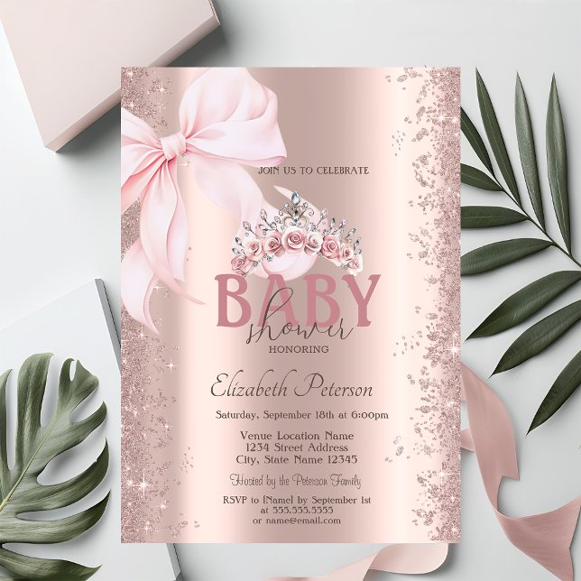 Convites Rose Gold Confetti Pink Bow Crown Baby Shower (Criador carregado)