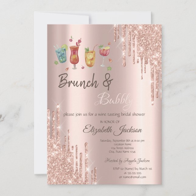 Convites Rose Gold  Drips Coquetéis Brunch & Bubbly (Frente)