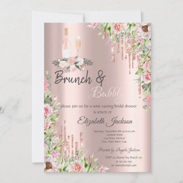 Convites Rose Gold  Drips Roses Brunch & Bubbly (Frente)
