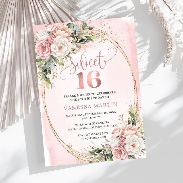 Convites Rose Gold Floral Eucalyptus Sweet Sixteen Invite (Elegant Rose Gold Floral Eucalyptus Sweet Sixteen Invitation

)