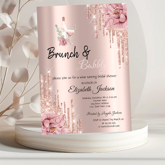 Convites Rose Gold  Flores que Gotejam Vinho Brunch & Espum (Criador carregado)