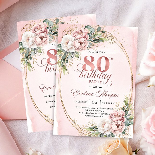 Convites Rose Gold Glitter 80th Birthday Floral Invitation (Rose Gold Glitter 80th Birthday Floral Invitation)