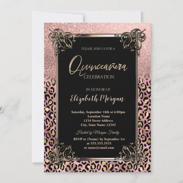 Convites Rose Gold Glitter Border Leopard Quinceañera (Frente)