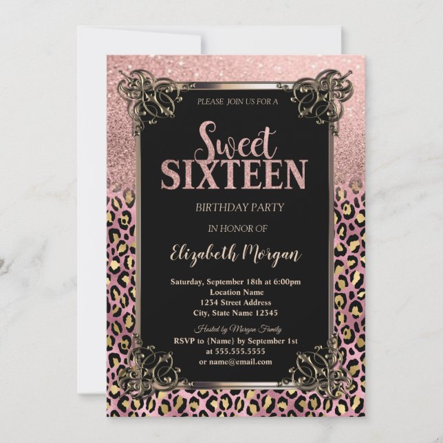 Convites Rose Gold Glitter Border Leopard Sweet 16 (Frente)