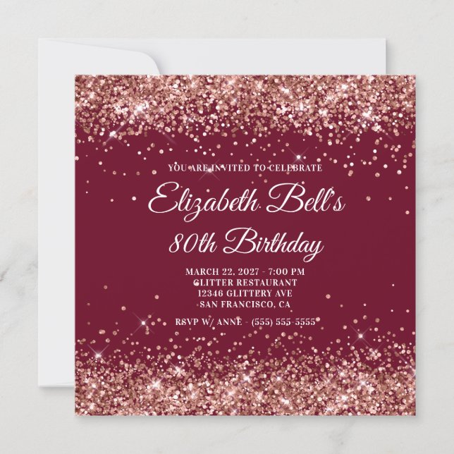 Convites Rose Gold Glitter Burgundy 80th Birthday (Frente)