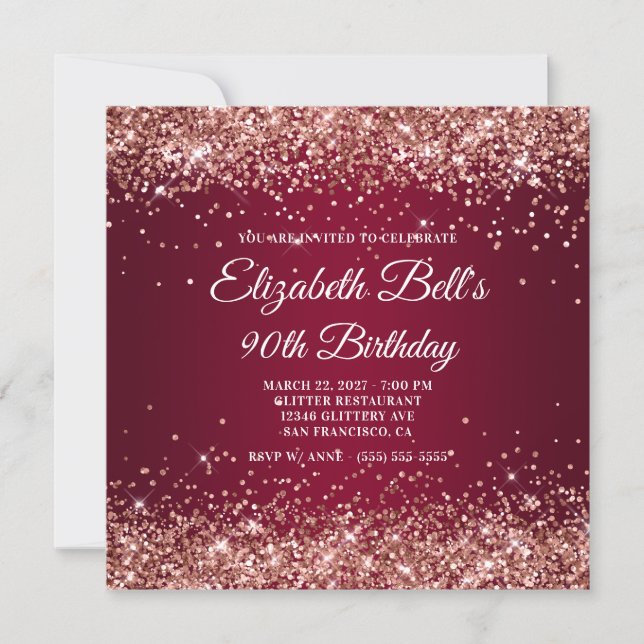 Convites Rose Gold Glitter Burgundy Ombre 90th Birthday (Frente)