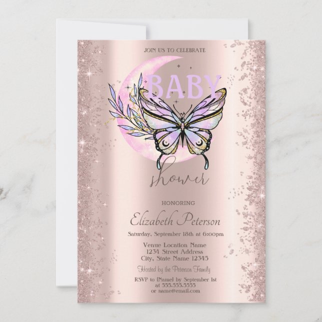 Convites Rose Gold Glitter Butterfly Moon Baby Shower (Frente)