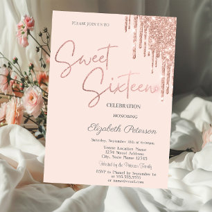 Convites Rose Gold Glitter Drips Blush Pink Sweet 16